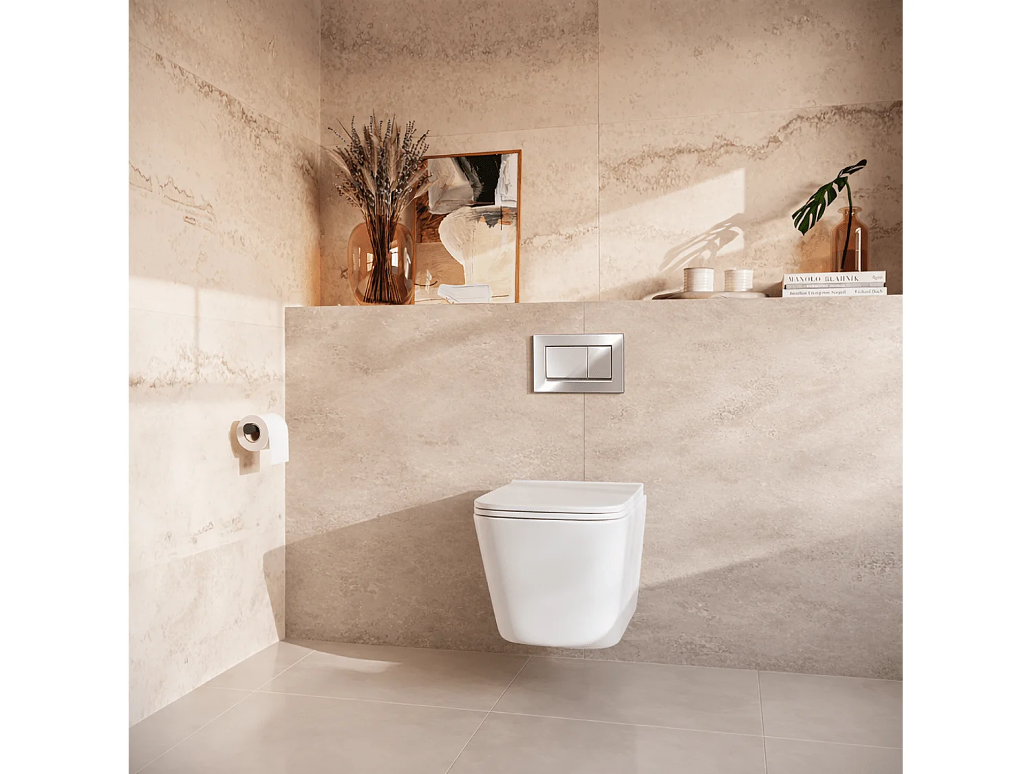 LOMAZOO Pack WC suspendu - réservoir encastré carré blanc - plaque de commande carré chromée - LINEA