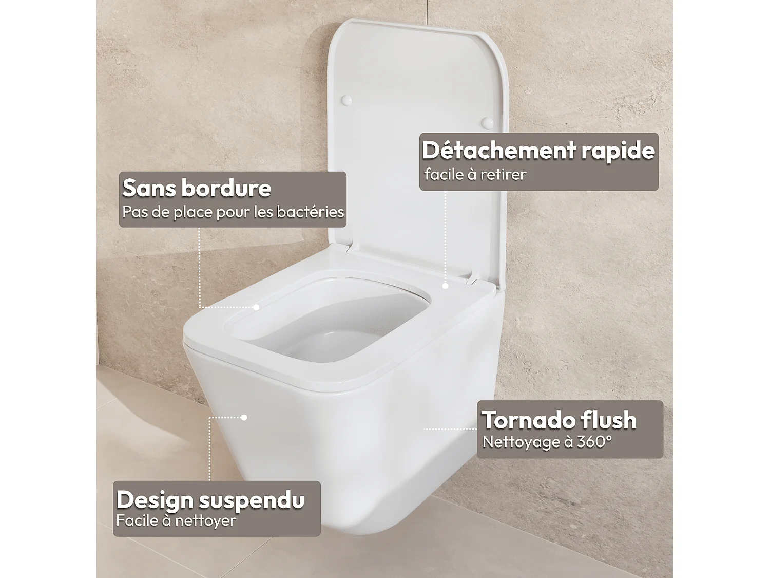 LOMAZOO WC suspendu sans bride blanc carré - Rimless - chasse Tornado - abattant WC soft-close - LINEA