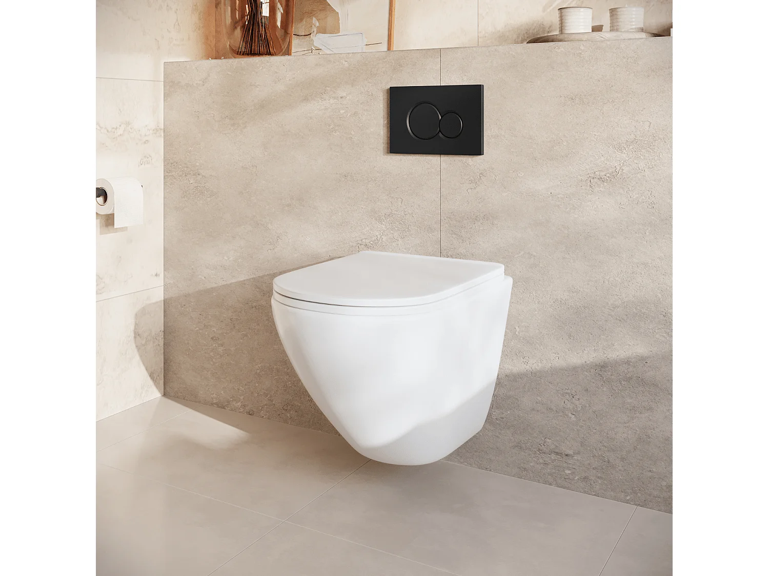 LOMAZOO Pack WC suspendu - réservoir encastré rond blanc - plaque de commande ronde noir - LINEA