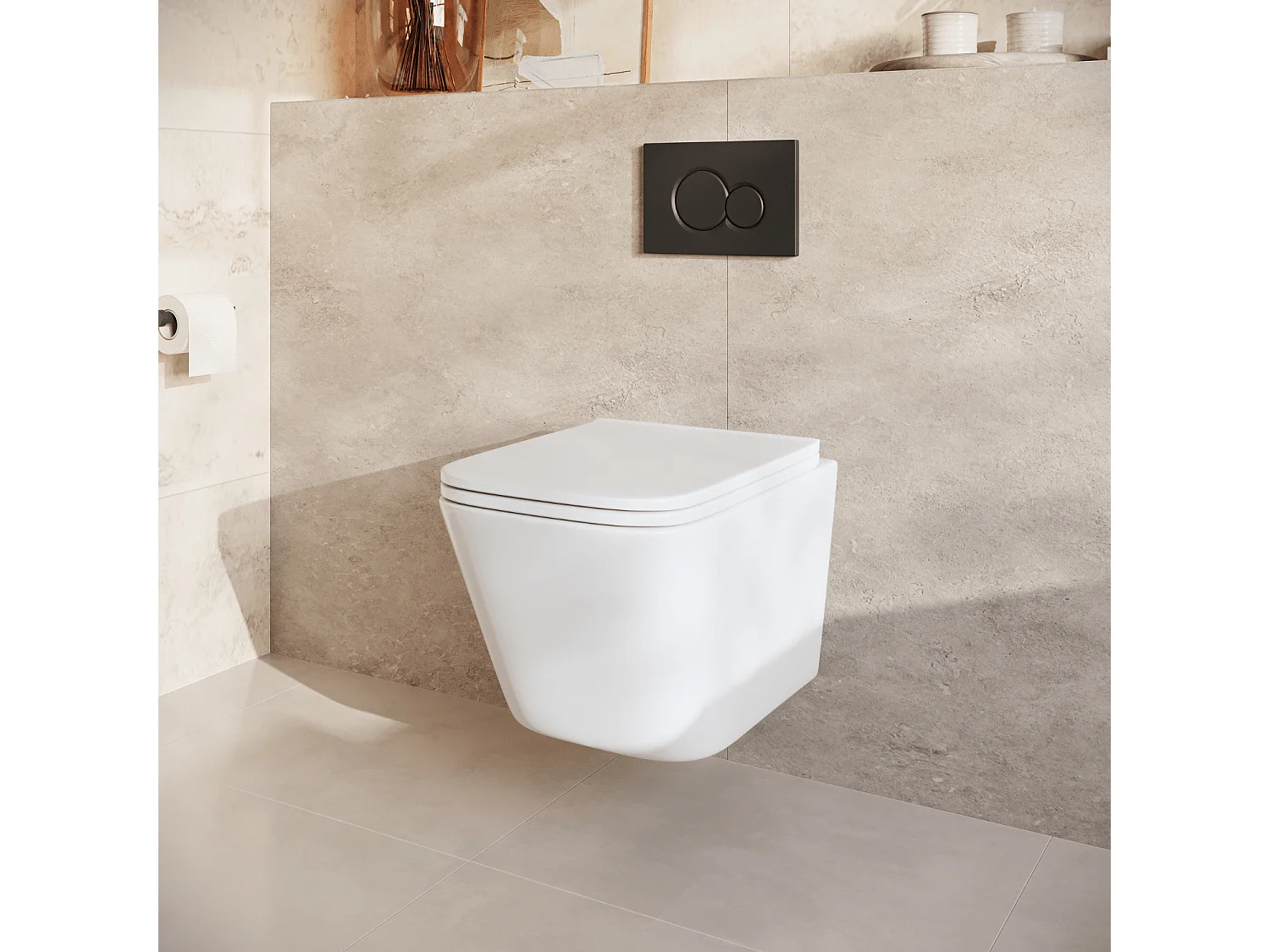 LOMAZOO Pack WC suspendu - réservoir encastré carré blanc - plaque de commande ronde noir - LINEA
