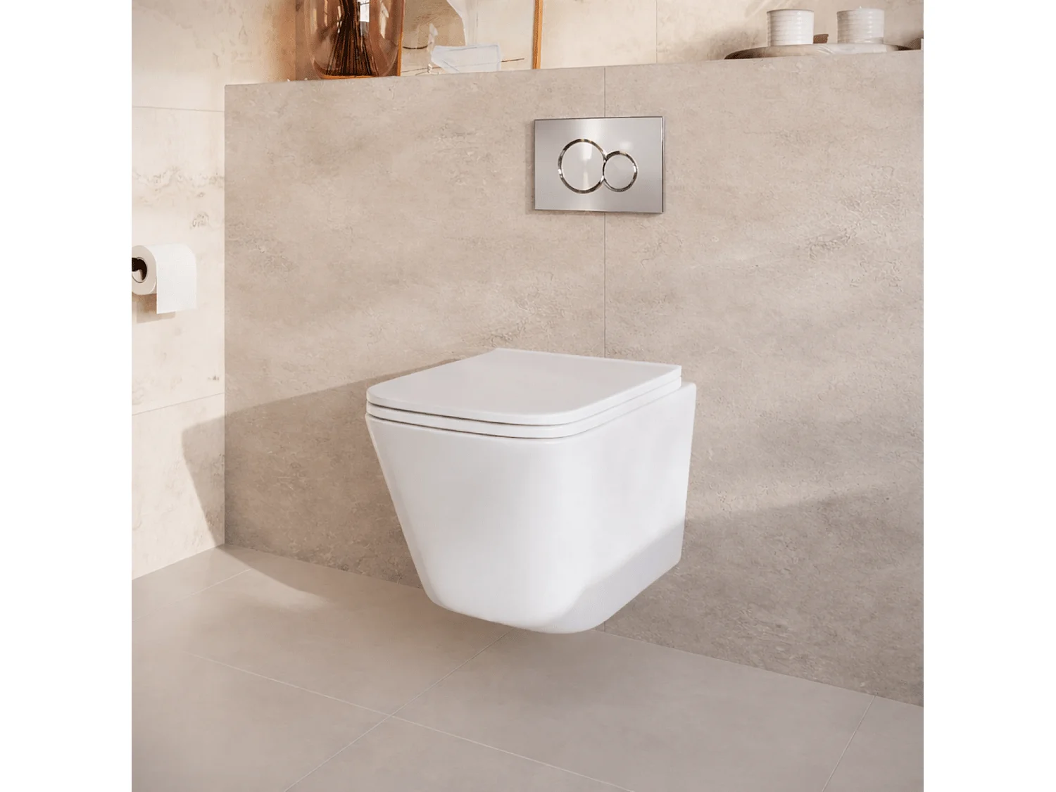 LOMAZOO Pack WC suspendu - réservoir encastré carré blanc - plaque de commande ronde chromée - LINEA