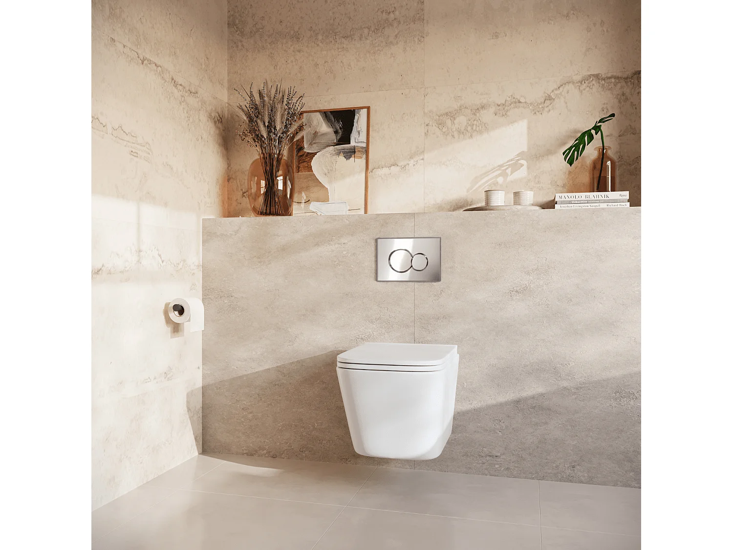 LOMAZOO Pack WC suspendu - réservoir encastré carré blanc - plaque de commande ronde chromée - LINEA
