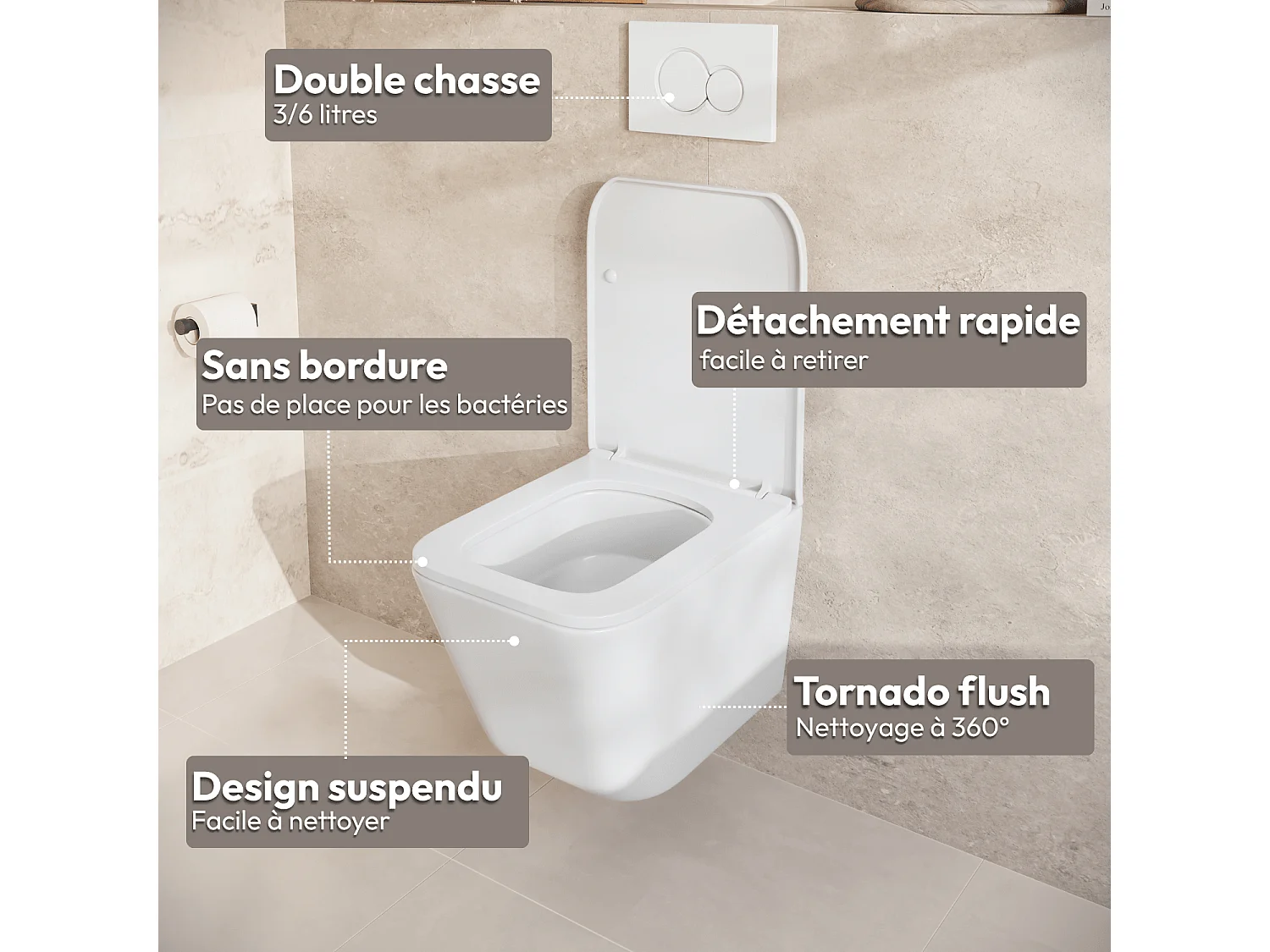 LOMAZOO Pack WC suspendu - réservoir encastré carré blanc - plaque de commande ronde chromée - LINEA