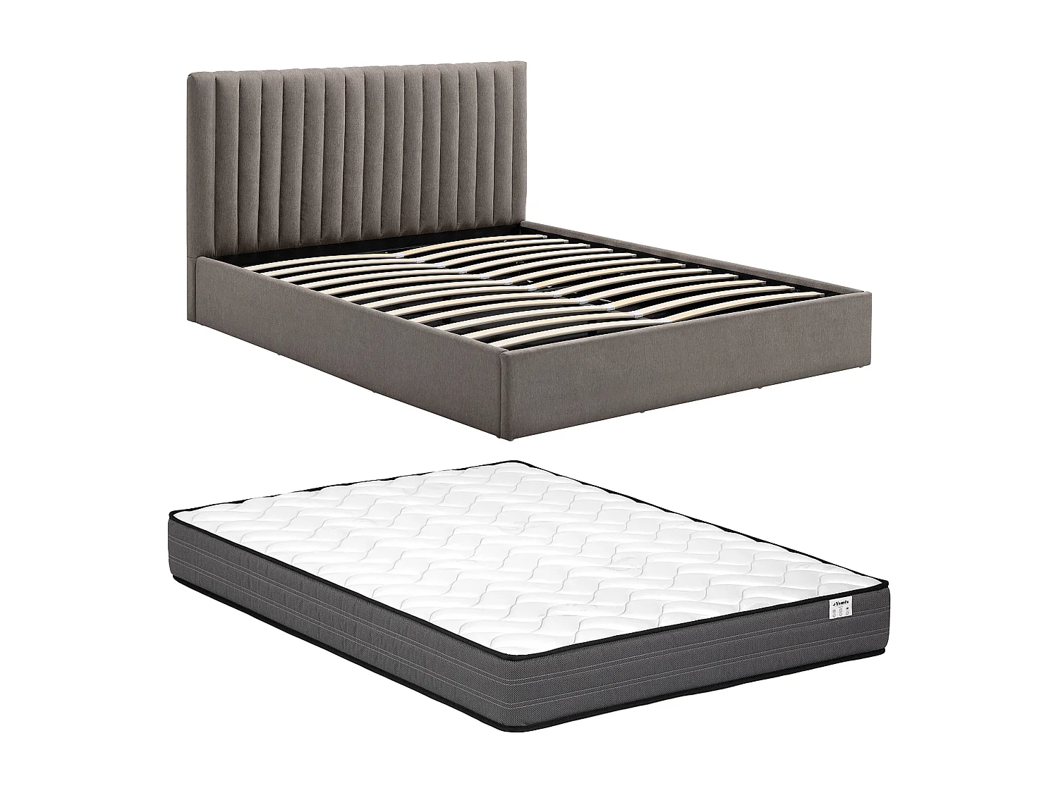 Lit coffre 160 x 200 cm – Tissu – Taupe + Matelas - SARANELI