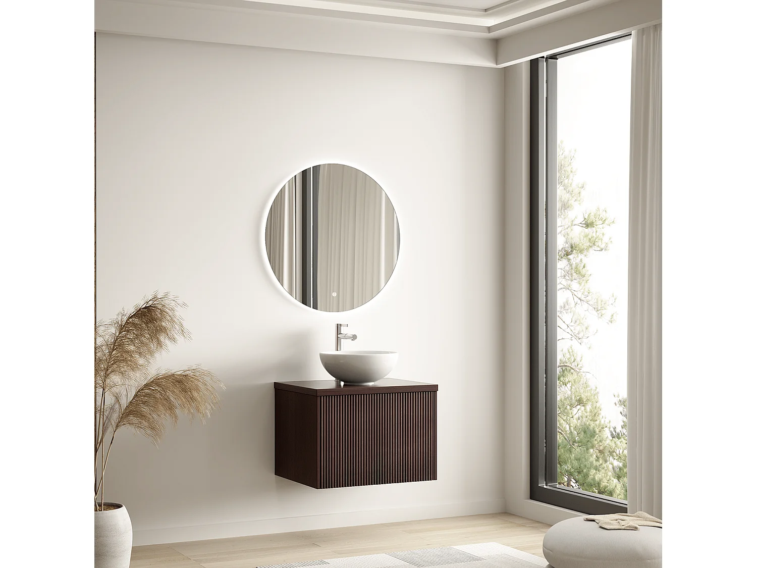 LOMAZOO Meuble de Salle de Bain 60cm Noyer Cannelé - Vasque à Poser Blanche - Meuble Sous-Vasque Suspendu [MESSINA]
