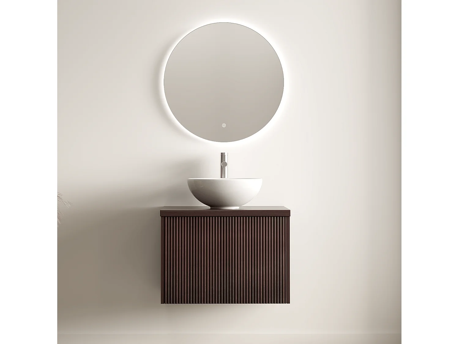 LOMAZOO Meuble de Salle de Bain 60cm Noyer Cannelé - Vasque à Poser Blanche - Meuble Sous-Vasque Suspendu [MESSINA]
