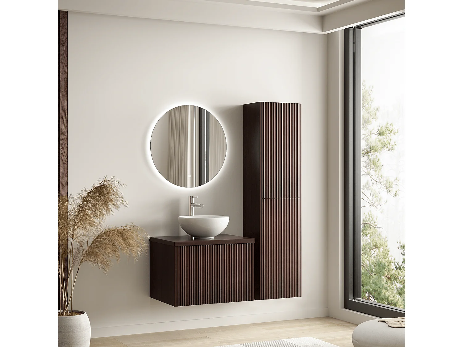LOMAZOO Meuble de Salle de Bain 60cm Noyer Cannelé - Vasque à Poser Blanche - Meuble Sous-Vasque Suspendu [MESSINA]