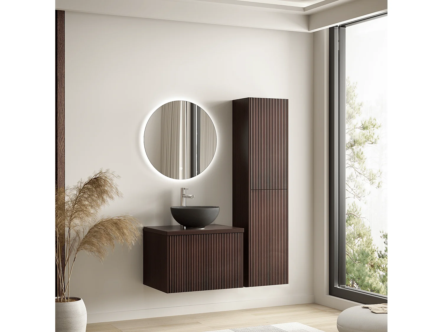 LOMAZOO Ensemble Meuble de Salle de Bain 60cm Noyer Cannelé - Vasque à Poser Noire - Colonne de Rangement [TROPANI]
