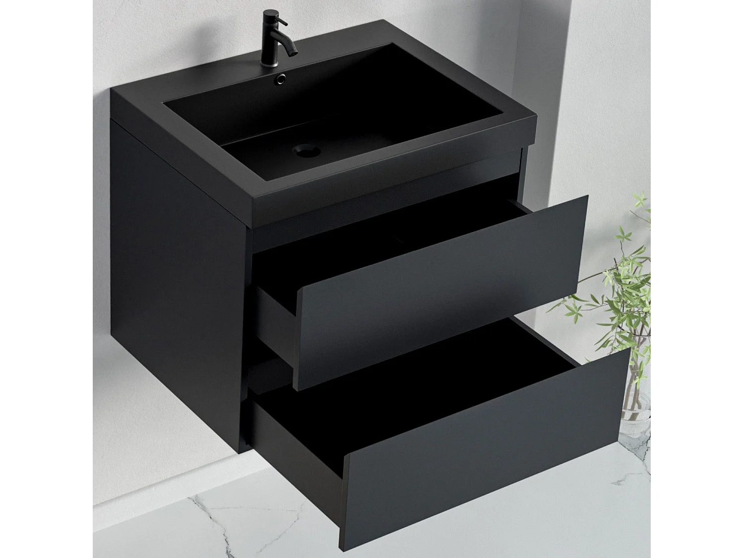 Ensemble meuble vasque 60 cm avec colonne - LOMAZOO Avalon - lavabo noir - noir mat