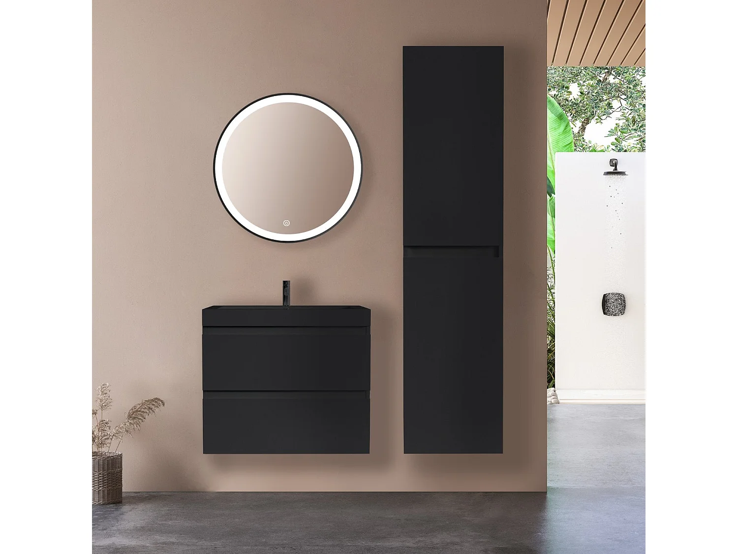 Ensemble meuble vasque 60 cm avec colonne - LOMAZOO Avalon - lavabo noir - noir mat