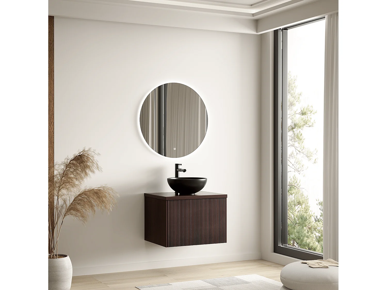 LOMAZOO Meuble de Salle de Bain 60cm Noyer Cannelé - Vasque à Poser Noire - Meuble Sous-Vasque Suspendu [MESSINA]