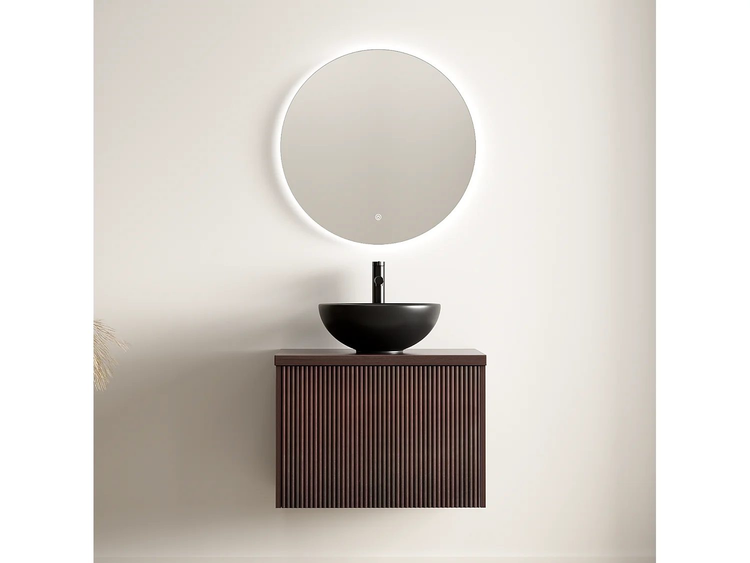 LOMAZOO Meuble de Salle de Bain 60cm Noyer Cannelé - Vasque à Poser Noire - Meuble Sous-Vasque Suspendu [MESSINA]