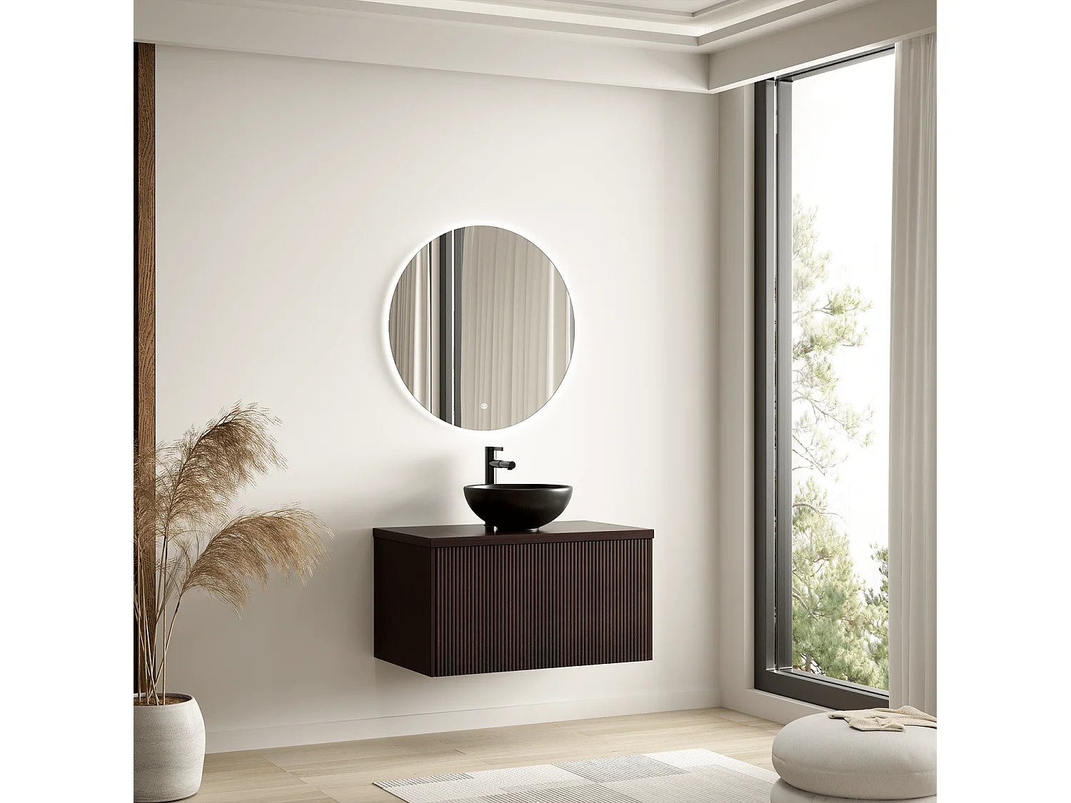 LOMAZOO Meuble de Salle de Bain 80cm Noyer Cannelé - Vasque à Poser Noire - Meuble Sous-Vasque Suspendu [MESSINA]