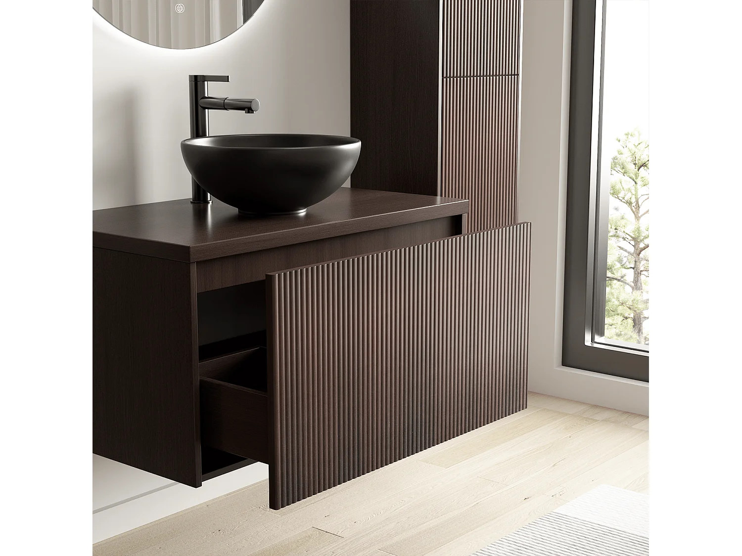 LOMAZOO Meuble de Salle de Bain 80cm Noyer Cannelé - Vasque à Poser Noire - Meuble Sous-Vasque Suspendu [MESSINA]