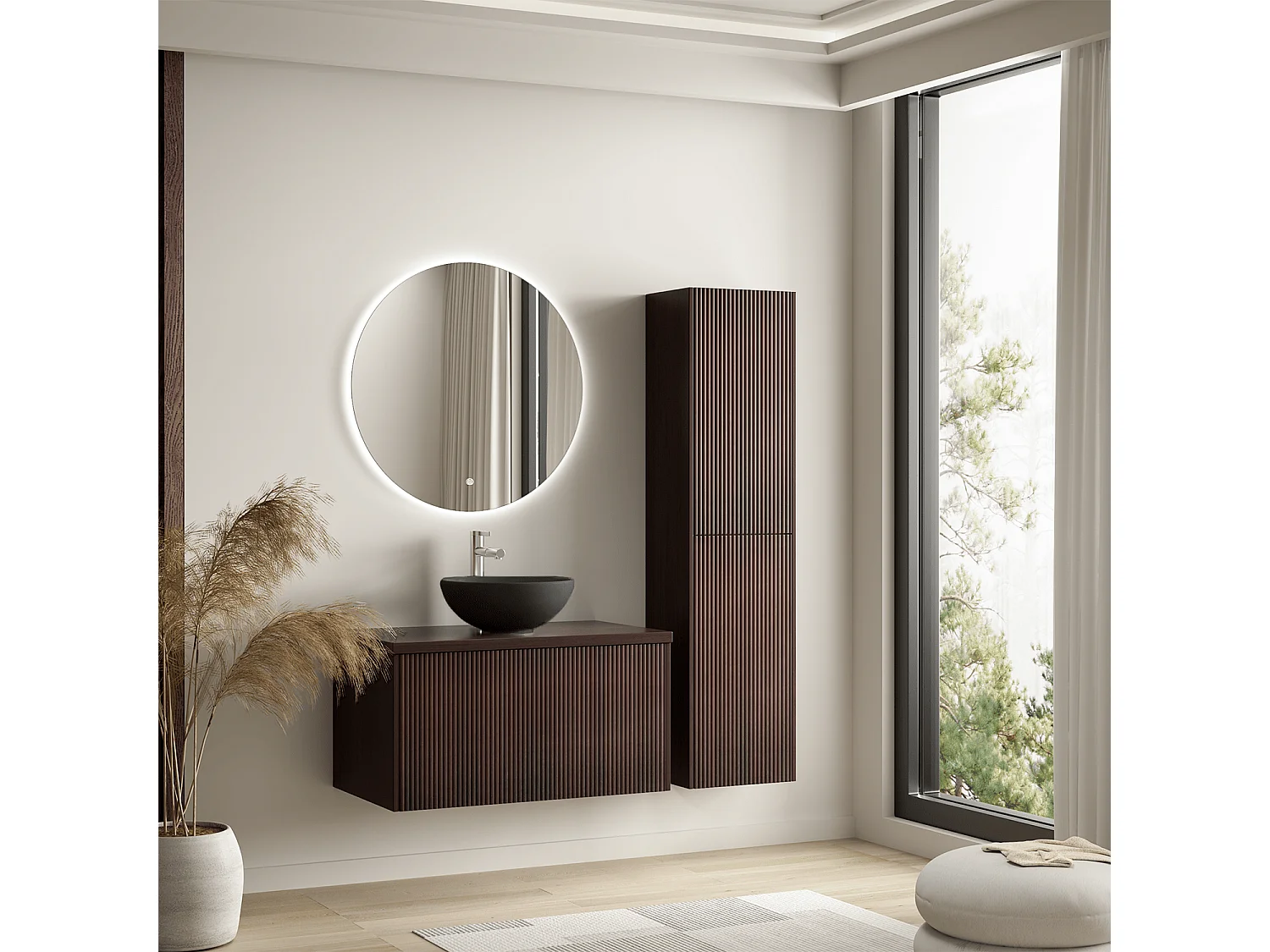 LOMAZOO Meuble de Salle de Bain 80cm Noyer Cannelé - Vasque à Poser Noire - Meuble Sous-Vasque Suspendu [MESSINA]