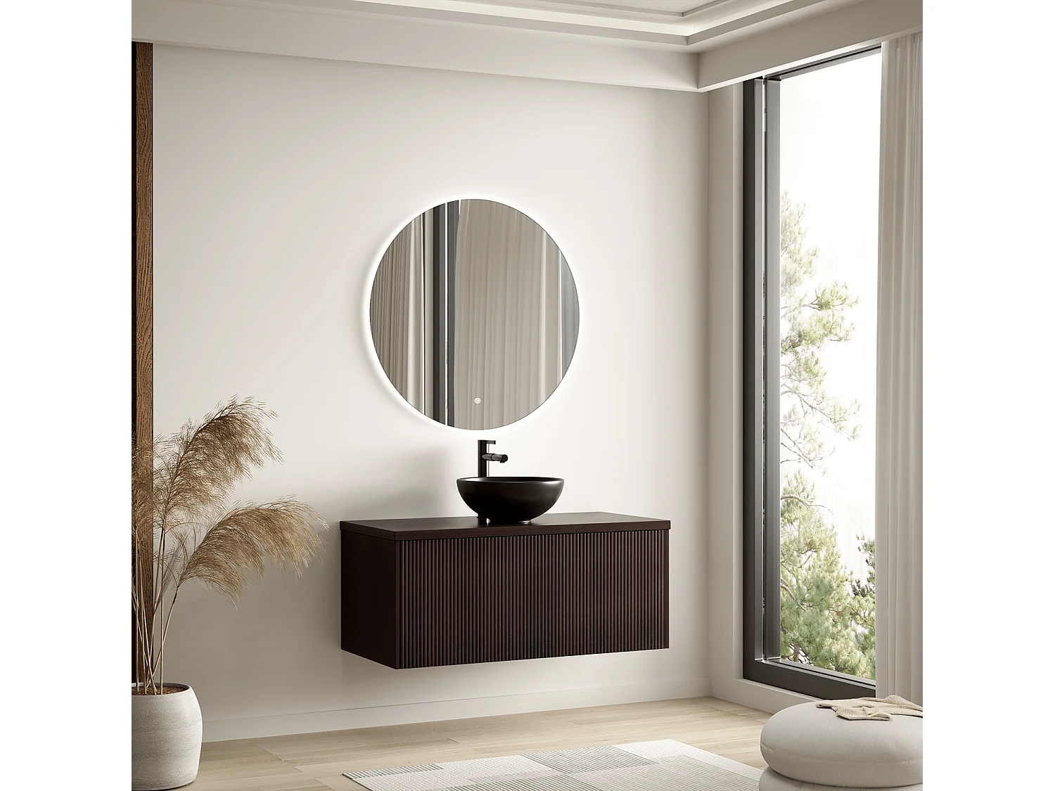 LOMAZOO Meuble de Salle de Bain 100cm Noyer Cannelé - Vasque à Poser Noire - Meuble Sous-Vasque Suspendu [MESSINA]
