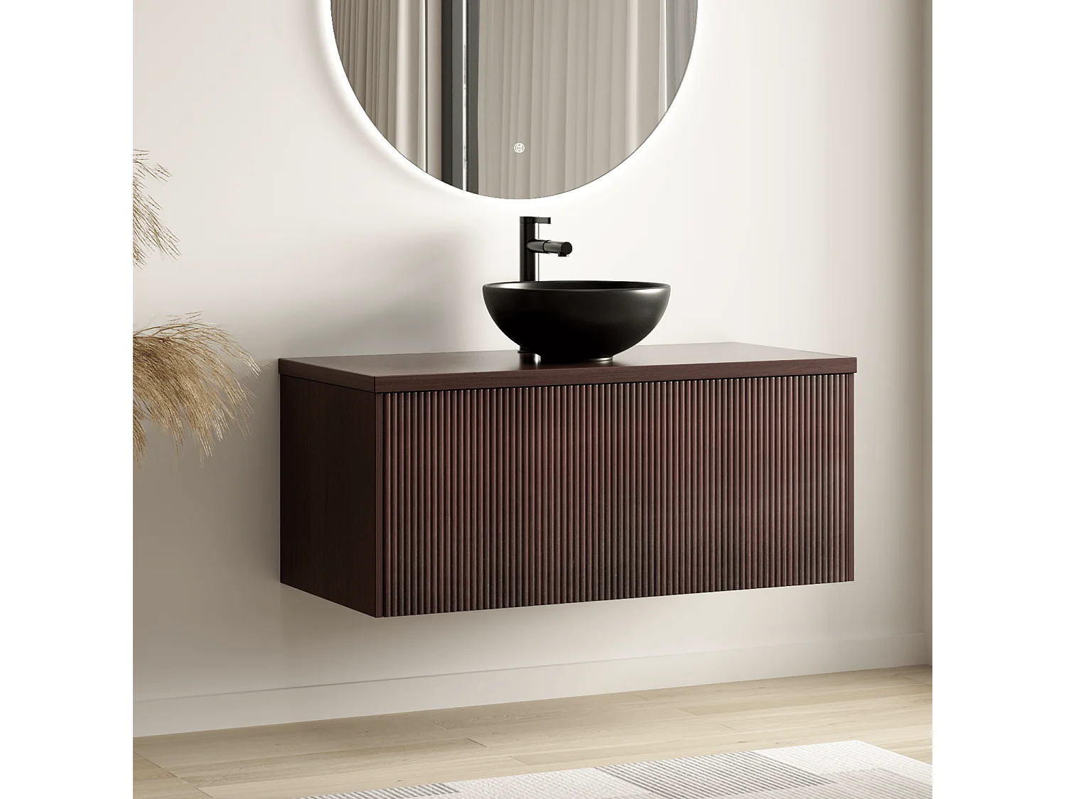 LOMAZOO Meuble de Salle de Bain 100cm Noyer Cannelé - Vasque à Poser Noire - Meuble Sous-Vasque Suspendu [MESSINA]