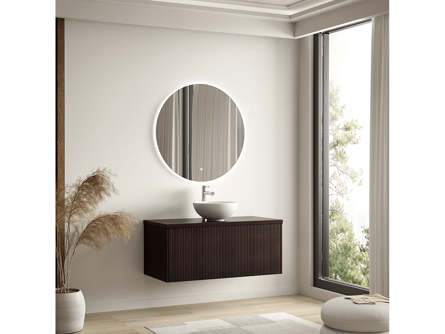 LOMAZOO Meuble de Salle de Bain 100cm Noyer Cannelé - Vasque à Poser Blanche - Meuble Sous-Vasque Suspendu [MESSINA]