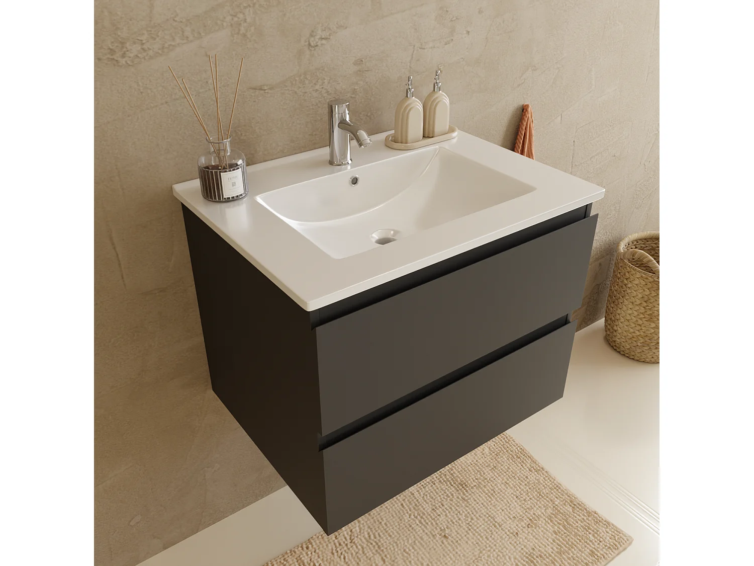 Ensemble Meuble Vasque 60 Cm Avec Colonne - Noir Mat - Lavabo Blanc - LOMAZOO Verona