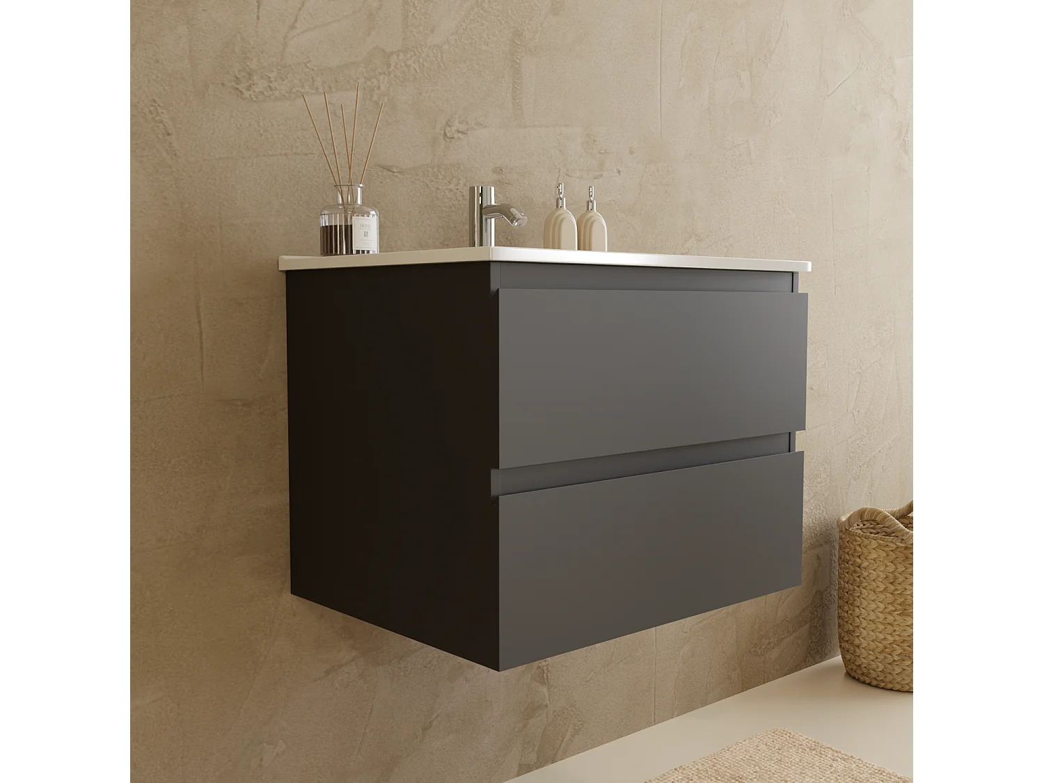 Ensemble Meuble Vasque 60 Cm Avec Colonne - Noir Mat - Lavabo Blanc - LOMAZOO Verona