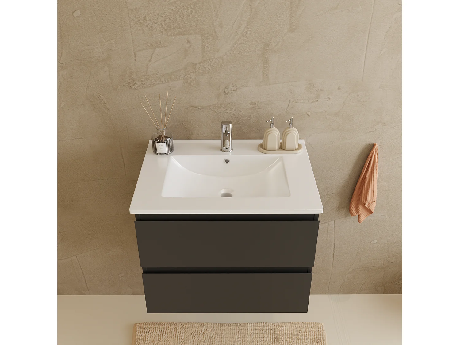Ensemble Meuble Vasque 60 Cm Avec Colonne - Noir Mat - Lavabo Blanc - LOMAZOO Verona
