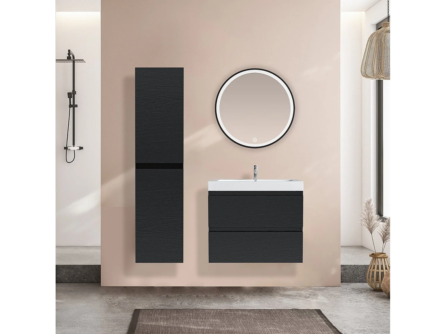 Ensemble meuble vasque 60 cm avec colonne - LOMAZOO Avalon - chêne noir