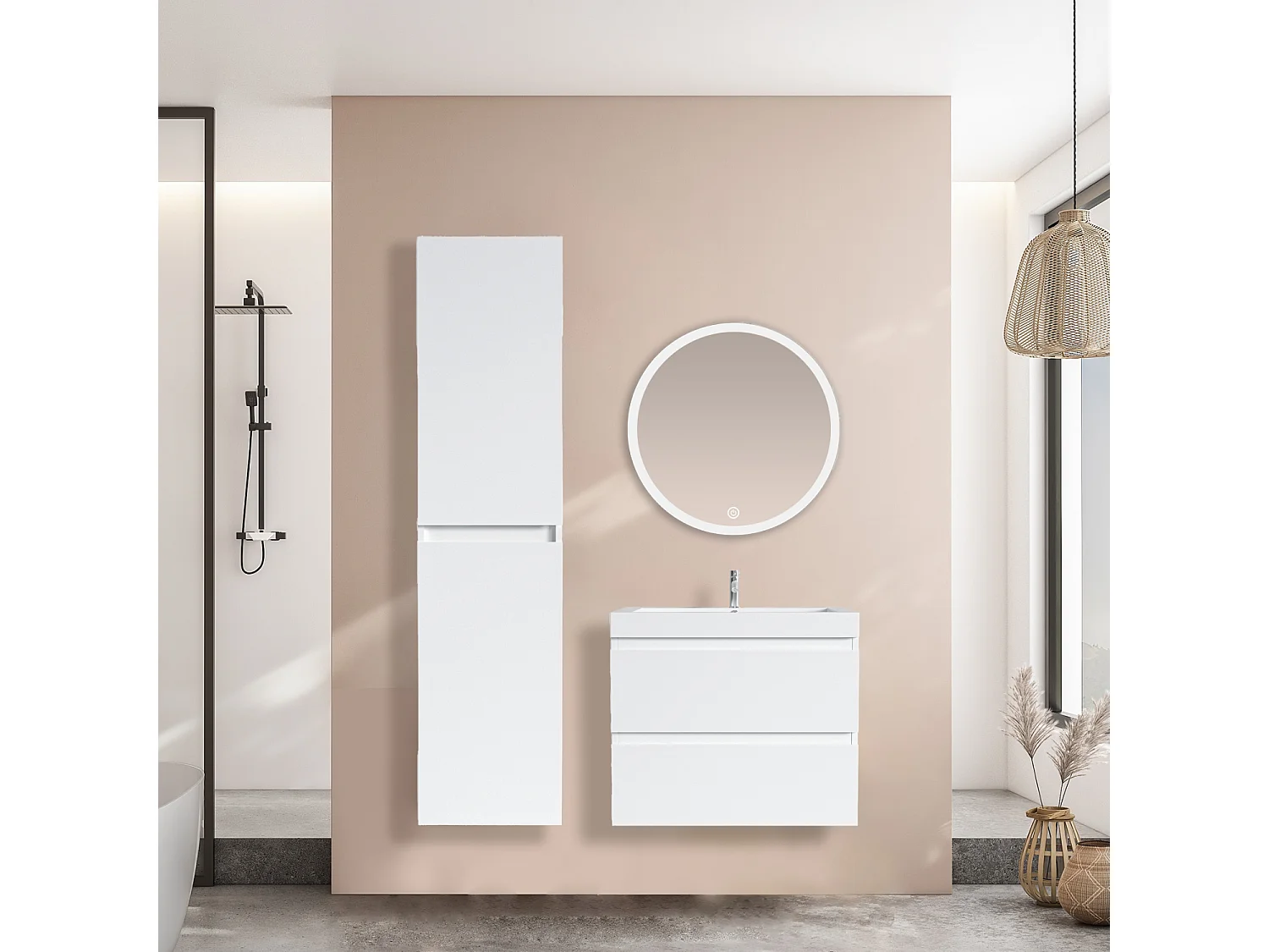 Ensemble meuble vasque 60 cm avec colonne - LOMAZOO Avalon - blanc brillant