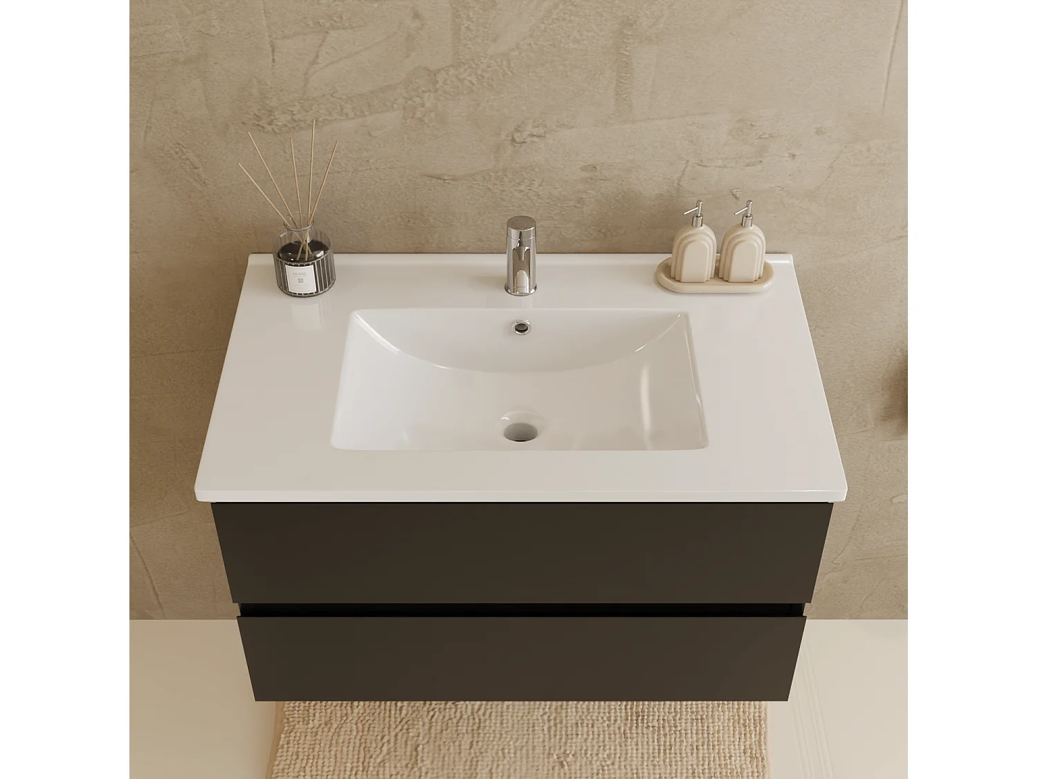 Ensemble Meuble Vasque 80 Cm Avec Colonne - Noir Mat - Lavabo Blanc - LOMAZOO Verona