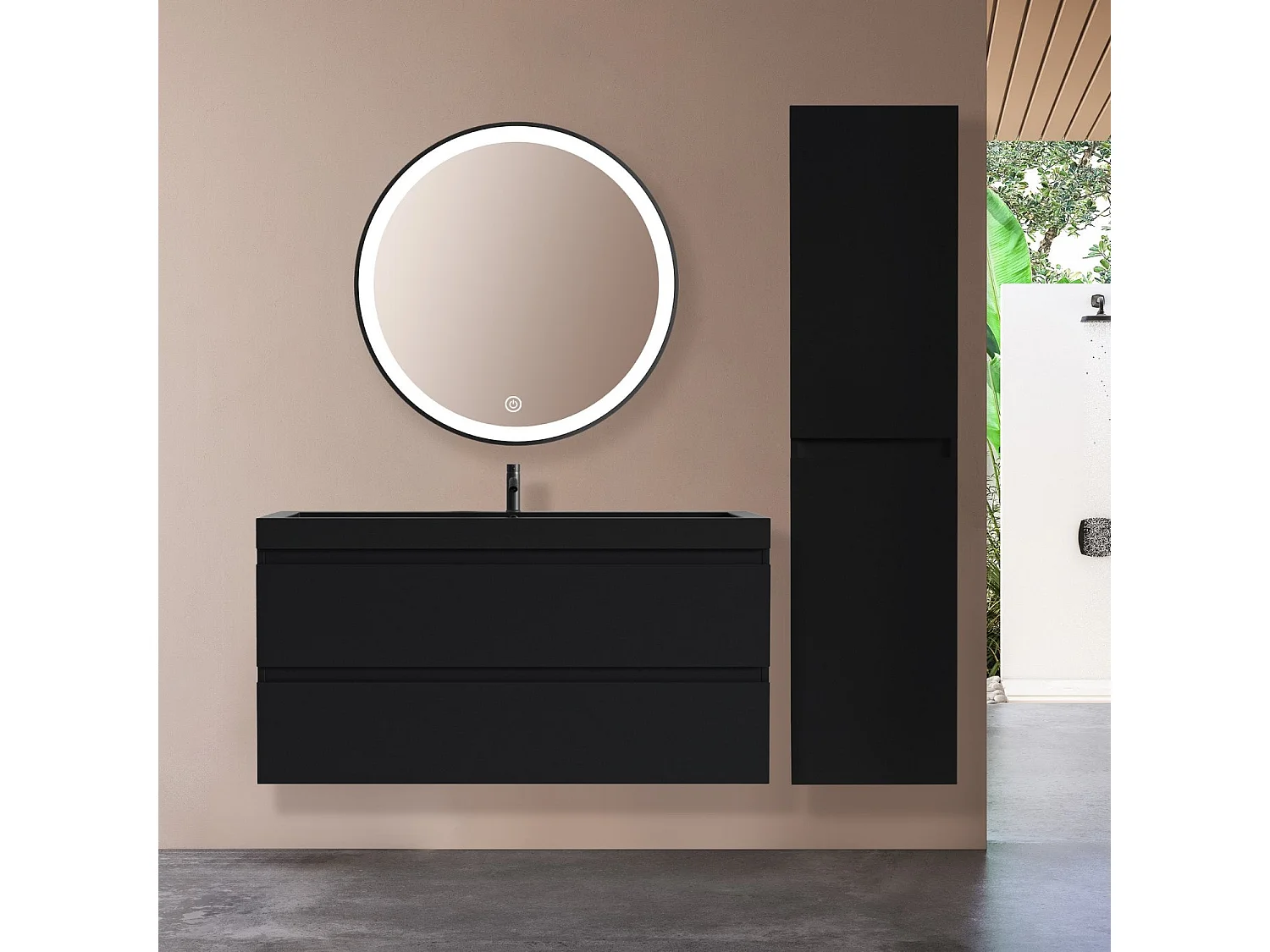 Ensemble meuble vasque 100 cm avec colonne - LOMAZOO Avalon - lavabo noir - noir mat