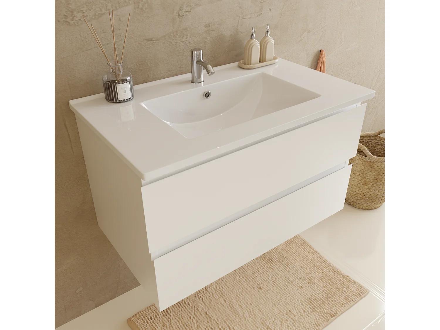 Ensemble Meuble Vasque 80 Cm Avec Colonne - Blanc Brillant - Lavabo Blanc - LOMAZOO Verona