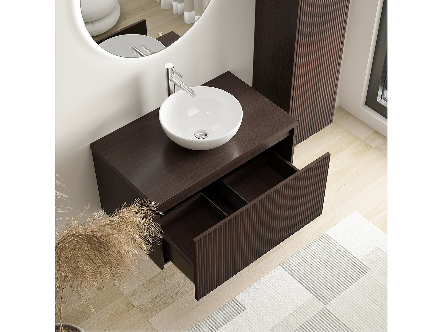 LOMAZOO Ensemble Meuble de Salle de Bain 80cm Noyer Cannelé - Vasque à Poser Blanche - Colonne de Rangement [TROPANI]