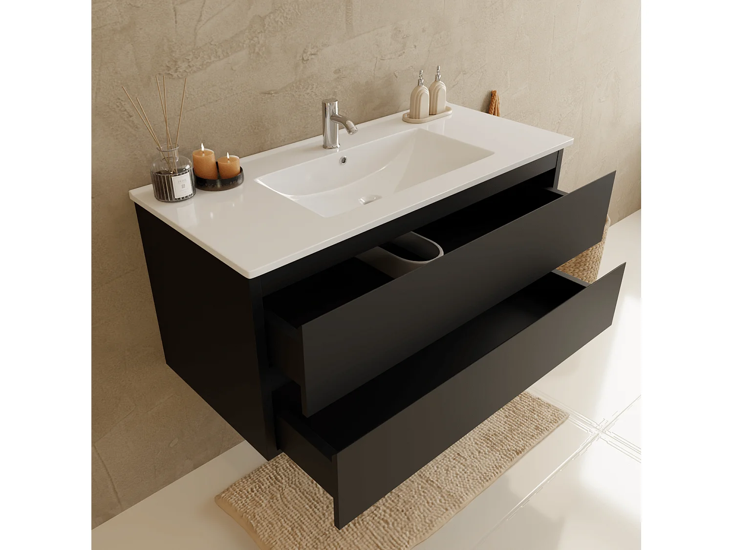 Ensemble Meuble Vasque 100 Cm Avec Colonne - Noir Mat - Lavabo Blanc - LOMAZOO Verona