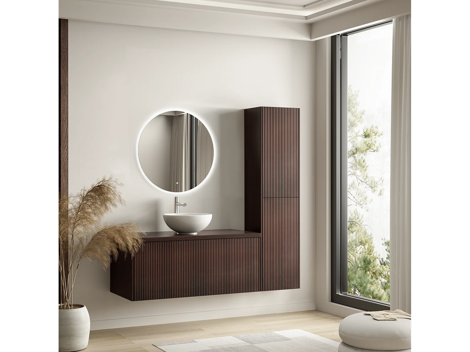 LOMAZOO Ensemble Meuble de Salle de Bain 100cm Noyer Cannelé - Vasque à Poser Blanche - Colonne de Rangement [TROPANI]