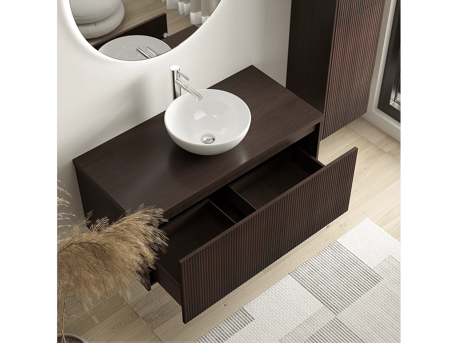 LOMAZOO Ensemble Meuble de Salle de Bain 100cm Noyer Cannelé - Vasque à Poser Blanche - Colonne de Rangement [TROPANI]