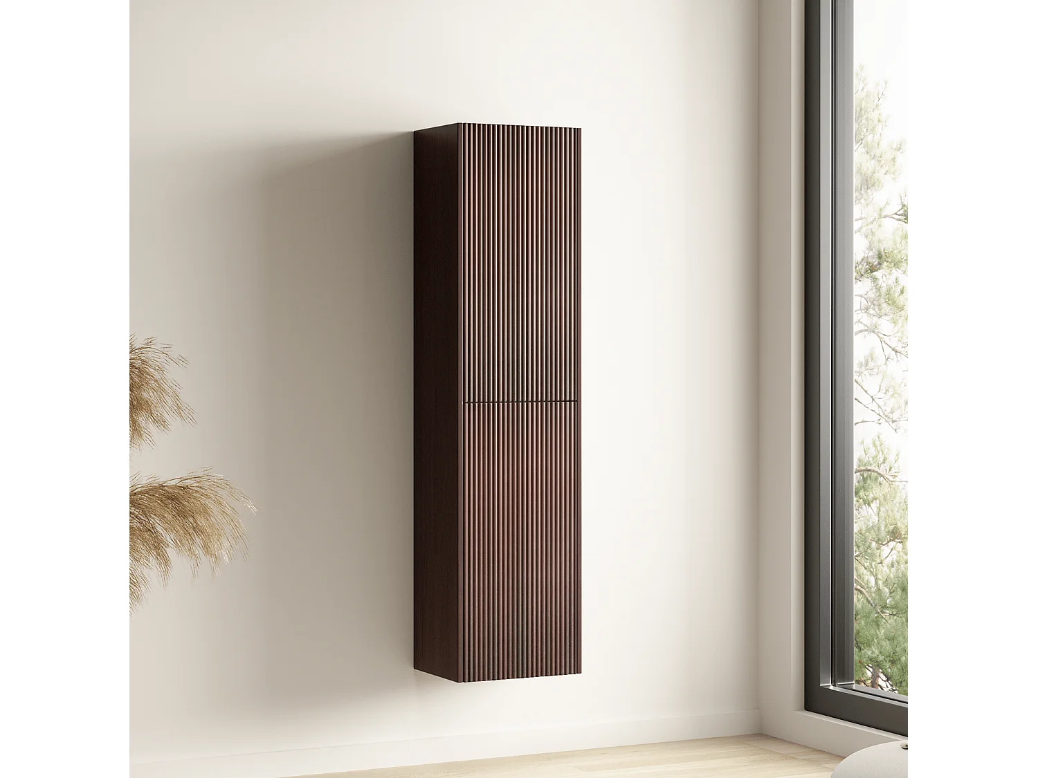 LOMAZOO Ensemble Meuble de Salle de Bain 100cm Noyer Cannelé - Vasque à Poser Blanche - Colonne de Rangement [TROPANI]