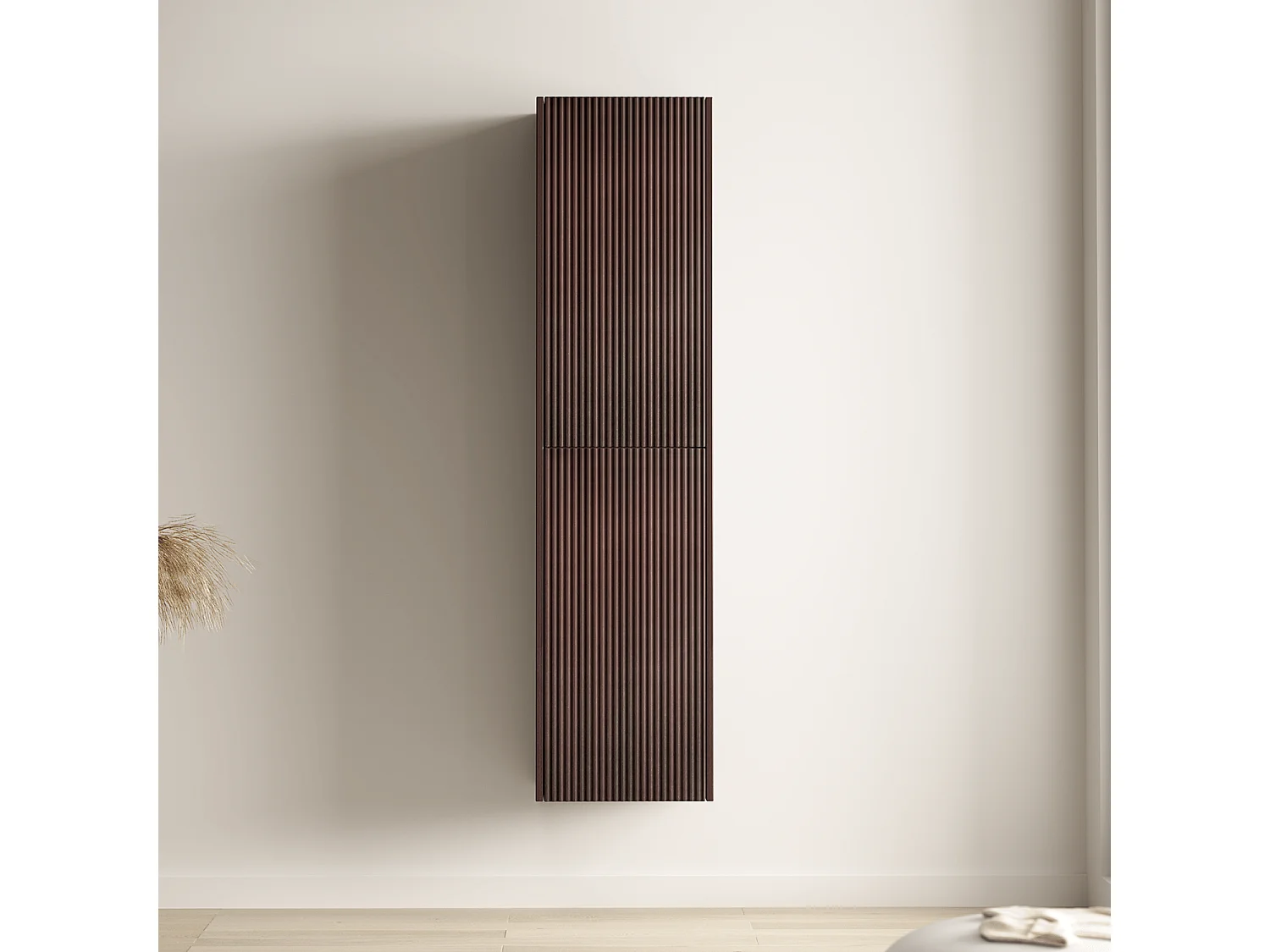 LOMAZOO Ensemble Meuble de Salle de Bain 100cm Noyer Cannelé - Vasque à Poser Blanche - Colonne de Rangement [TROPANI]
