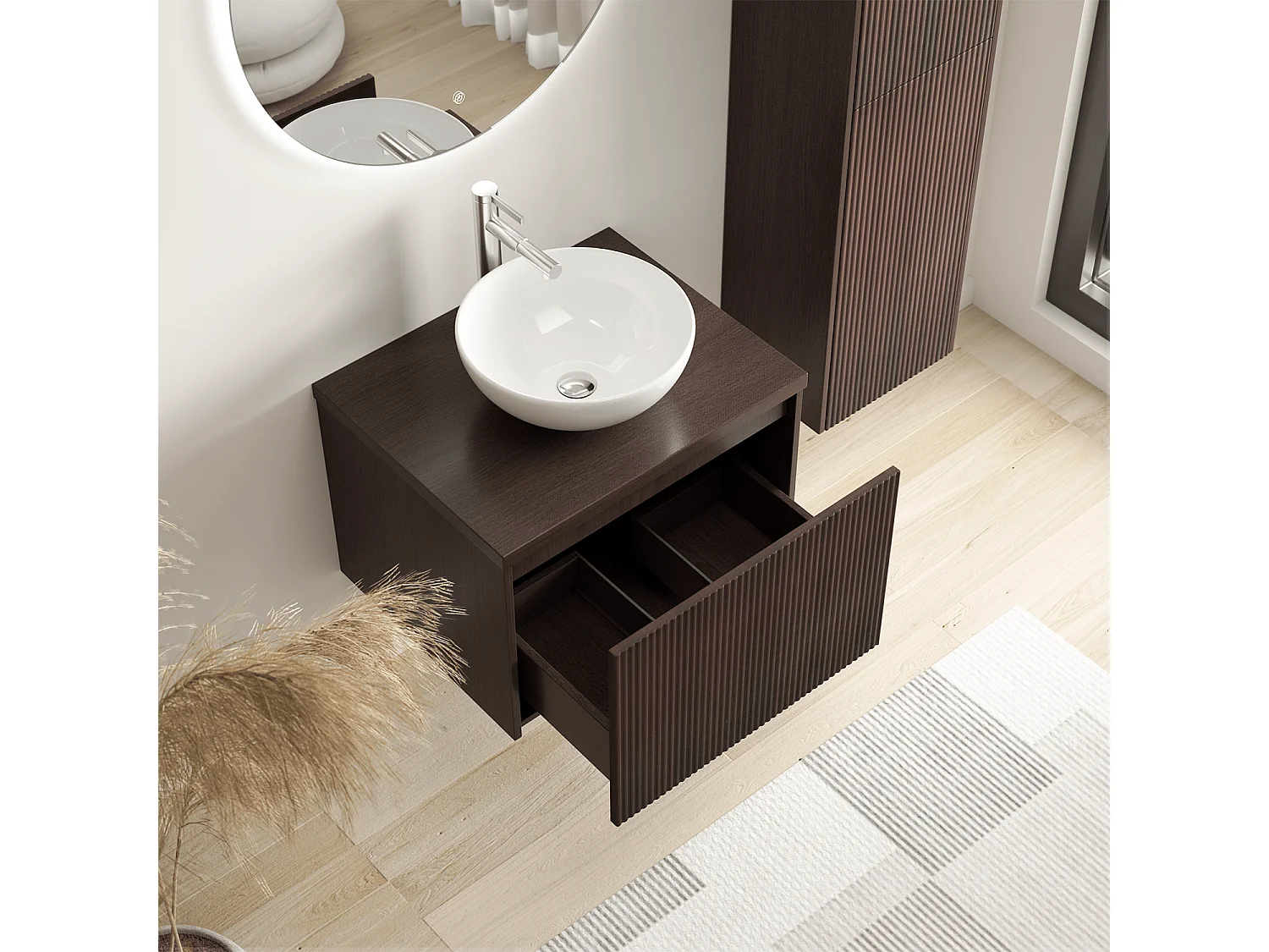LOMAZOO Ensemble Meuble de Salle de Bain 60cm Noyer Cannelé - Vasque à Poser Blanche - Colonne de Rangement [TROPANI]