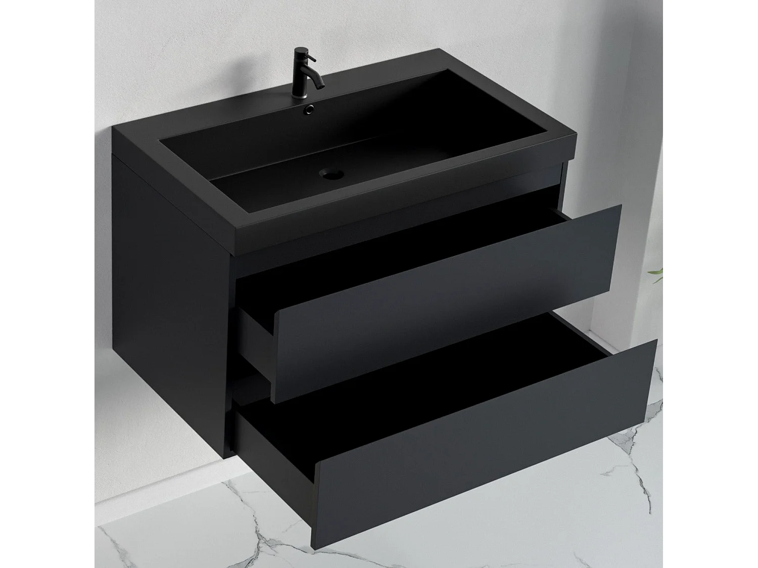 Ensemble meuble vasque 80 cm avec colonne - LOMAZOO Avalon - lavabo noir - noir mat