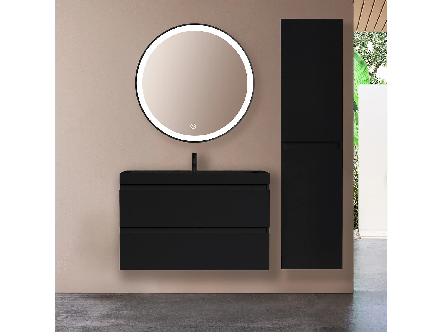 Ensemble meuble vasque 80 cm avec colonne - LOMAZOO Avalon - lavabo noir - noir mat