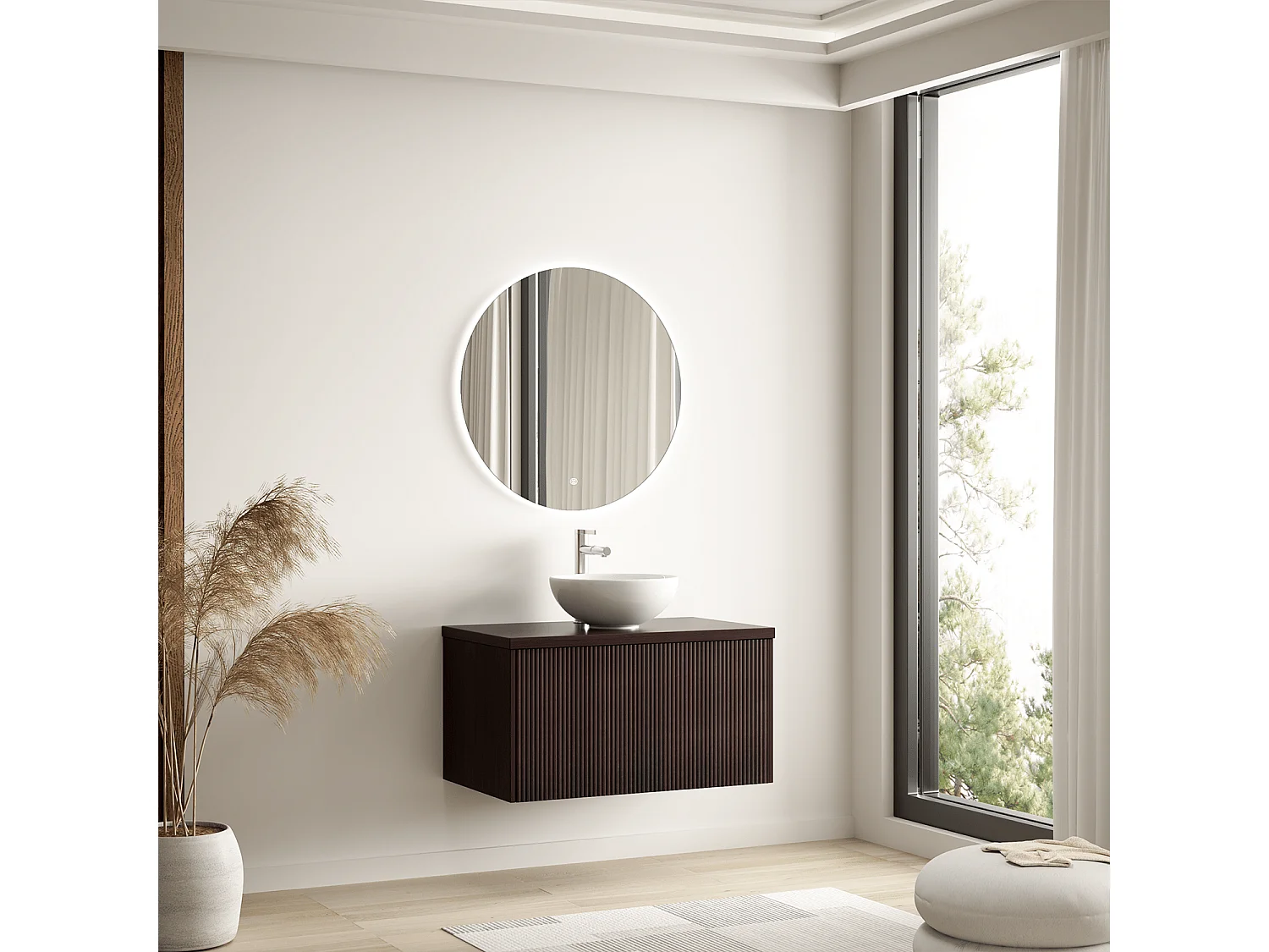 LOMAZOO Meuble de Salle de Bain 80cm Noyer Cannelé - Vasque à Poser Blanche - Meuble Sous-Vasque Suspendu [MESSINA]