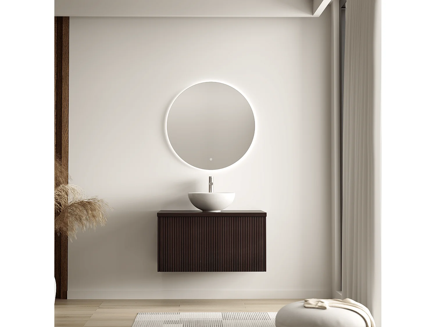 LOMAZOO Meuble de Salle de Bain 80cm Noyer Cannelé - Vasque à Poser Blanche - Meuble Sous-Vasque Suspendu [MESSINA]