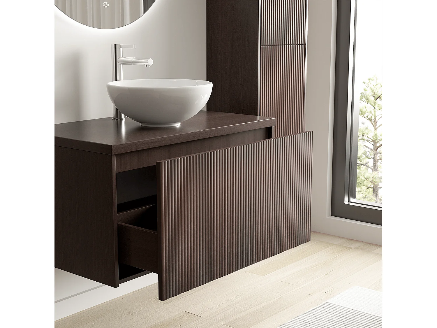 LOMAZOO Meuble de Salle de Bain 80cm Noyer Cannelé - Vasque à Poser Blanche - Meuble Sous-Vasque Suspendu [MESSINA]