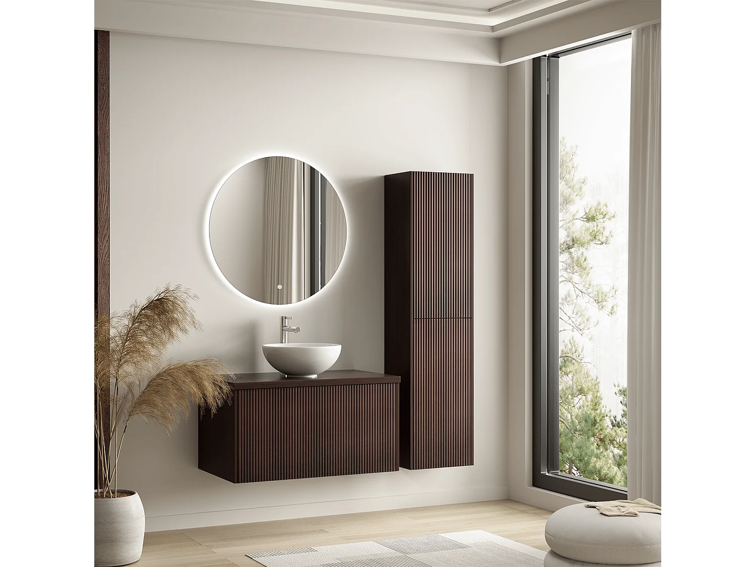 LOMAZOO Meuble de Salle de Bain 80cm Noyer Cannelé - Vasque à Poser Blanche - Meuble Sous-Vasque Suspendu [MESSINA]