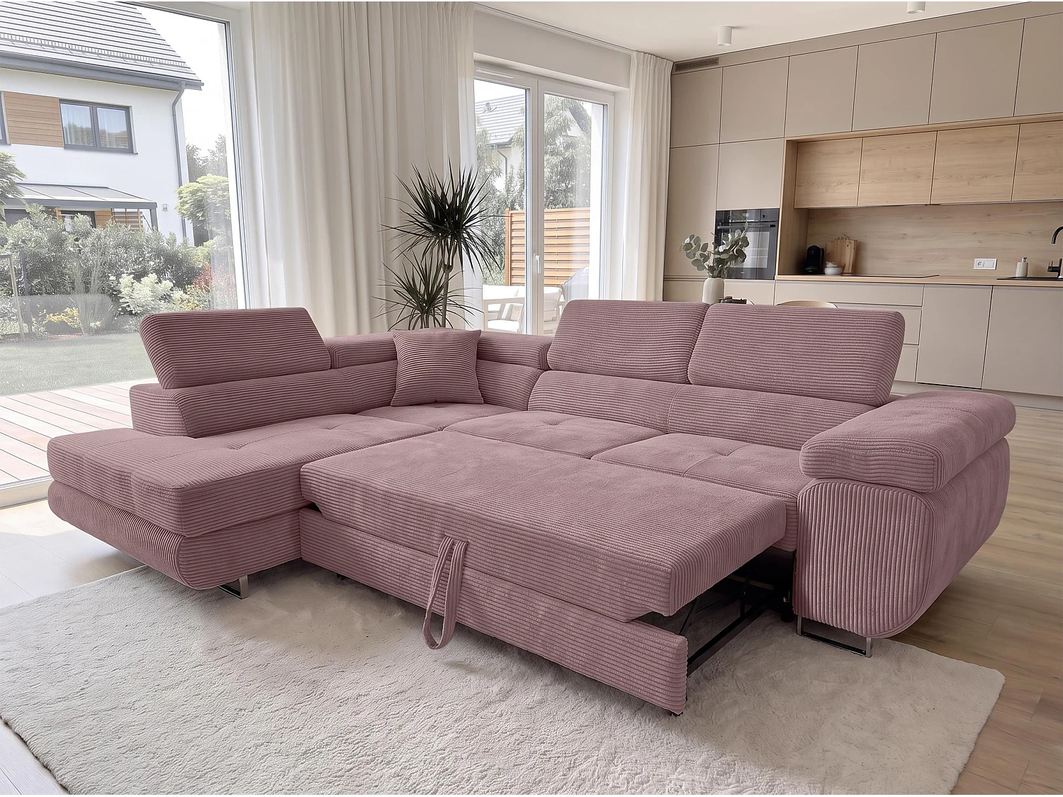 AX LIVING Konak Canapé d’angle convertible gauche en velours côtelé rose, 276 cm, coffre de rangement et têtières