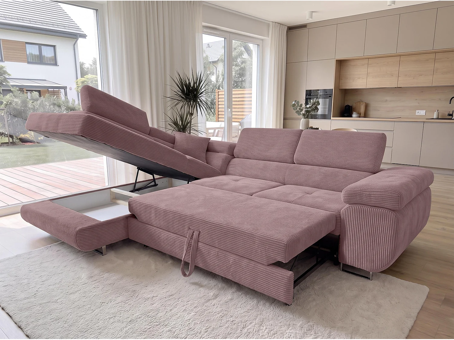 AX LIVING Konak Canapé d’angle convertible gauche en velours côtelé rose, 276 cm, coffre de rangement et têtières