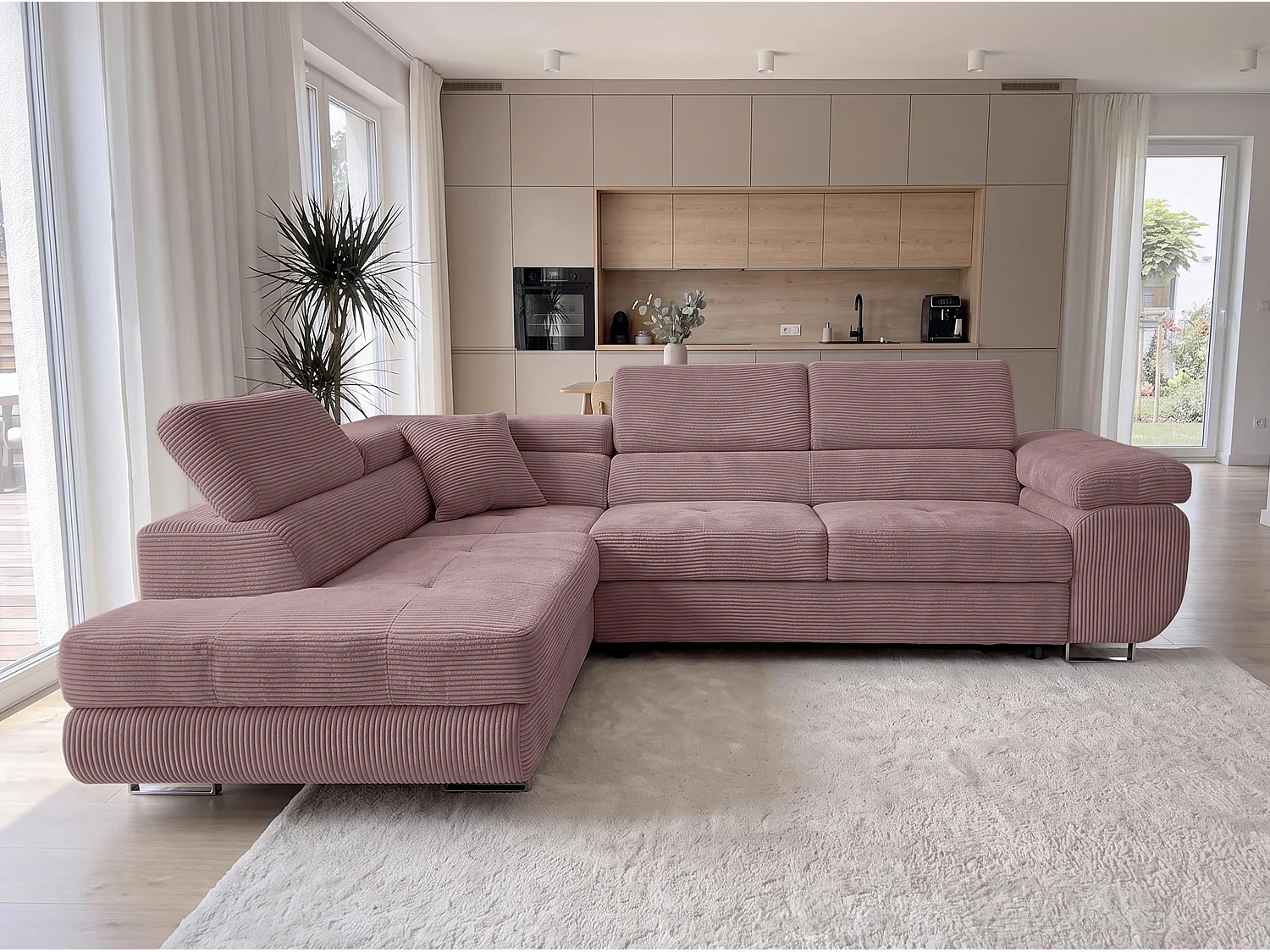 AX LIVING Konak Canapé d’angle convertible gauche en velours côtelé rose, 276 cm, coffre de rangement et têtières