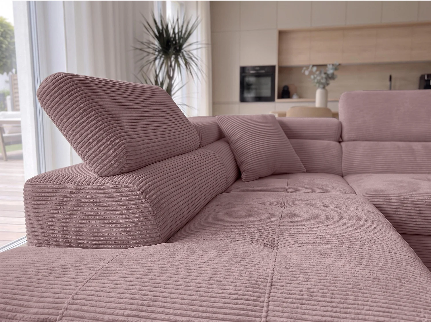 AX LIVING Konak Canapé d’angle convertible gauche en velours côtelé rose, 276 cm, coffre de rangement et têtières