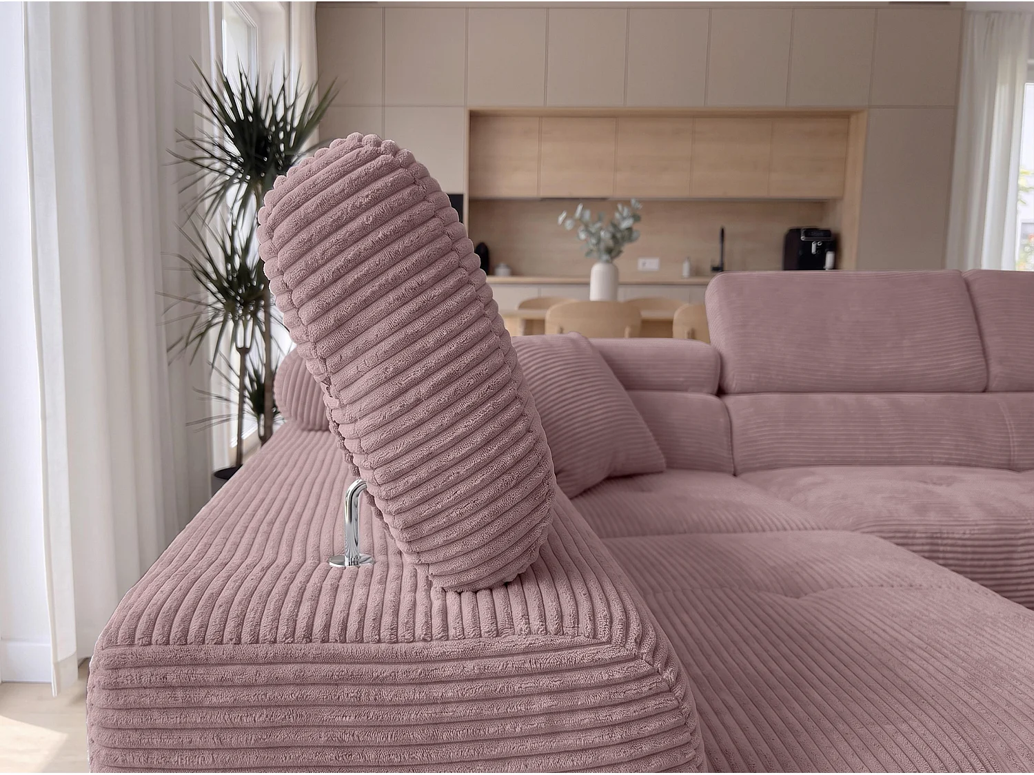 AX LIVING Konak Canapé d’angle convertible gauche en velours côtelé rose, 276 cm, coffre de rangement et têtières