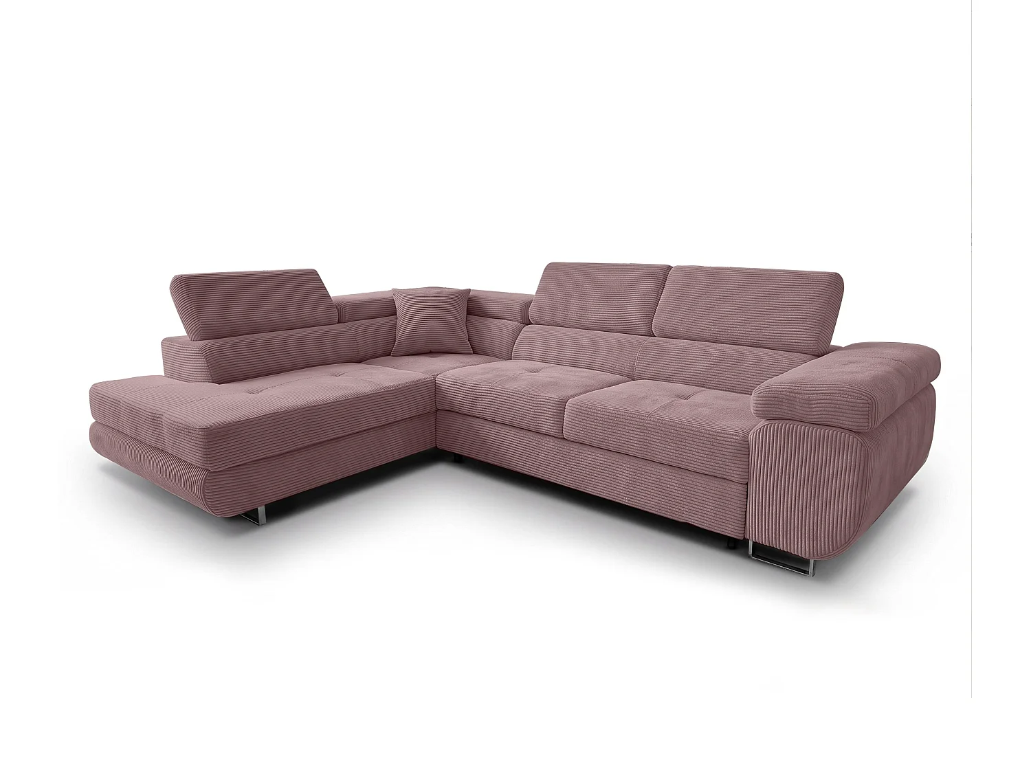 AX LIVING Konak Canapé d’angle convertible gauche en velours côtelé rose, 276 cm, coffre de rangement et têtières