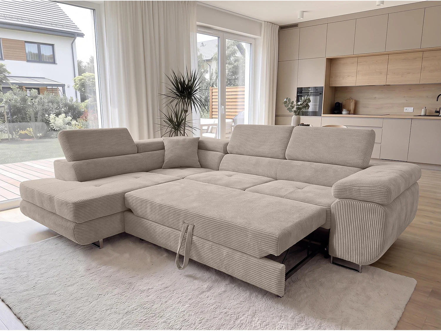 AX LIVING Konak Canapé d’angle convertible gauche en velours côtelé beige, 276 cm, coffre de rangement et têtières